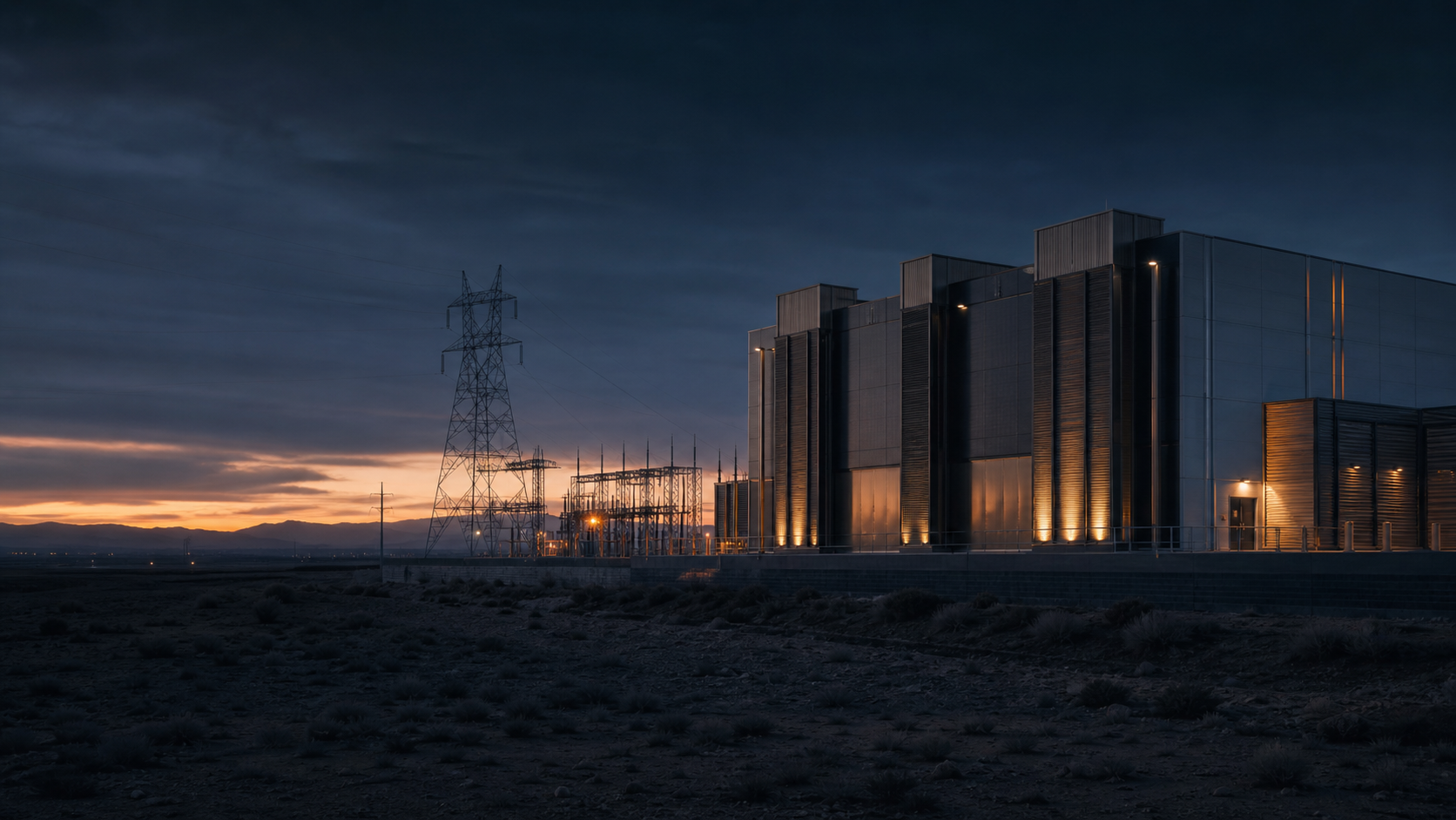 Data centre at dusk beside a substation and transmission tower